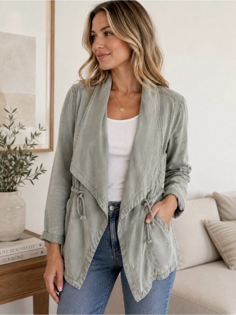 Max&Co/Max Jeans Fall Olive Green Draped Utility Jacket 100% Tencel